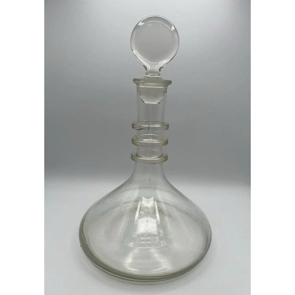 Clear Glass Ship's Ring Decanter Liquor Wine Whiskey Stopper Wide‎ Bottom VTG AC